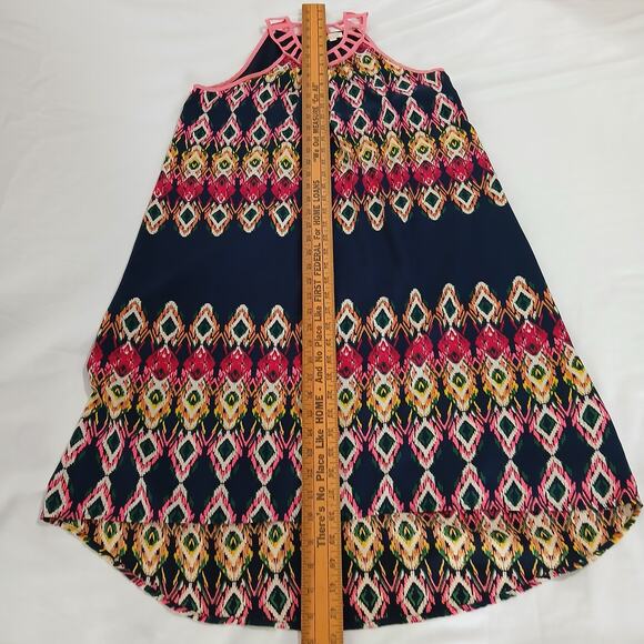 Minteau Couture 16(XL) Halter Dress A Line Navy/Pink/Green Cut-Out Neck Lined - Picture 8 of 11